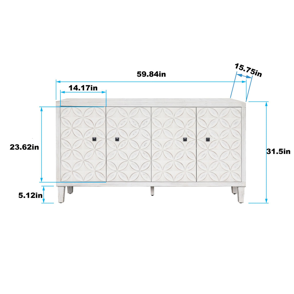 4-Door Wooden Accent Cabinet with Shabby Chic White Wash Finish