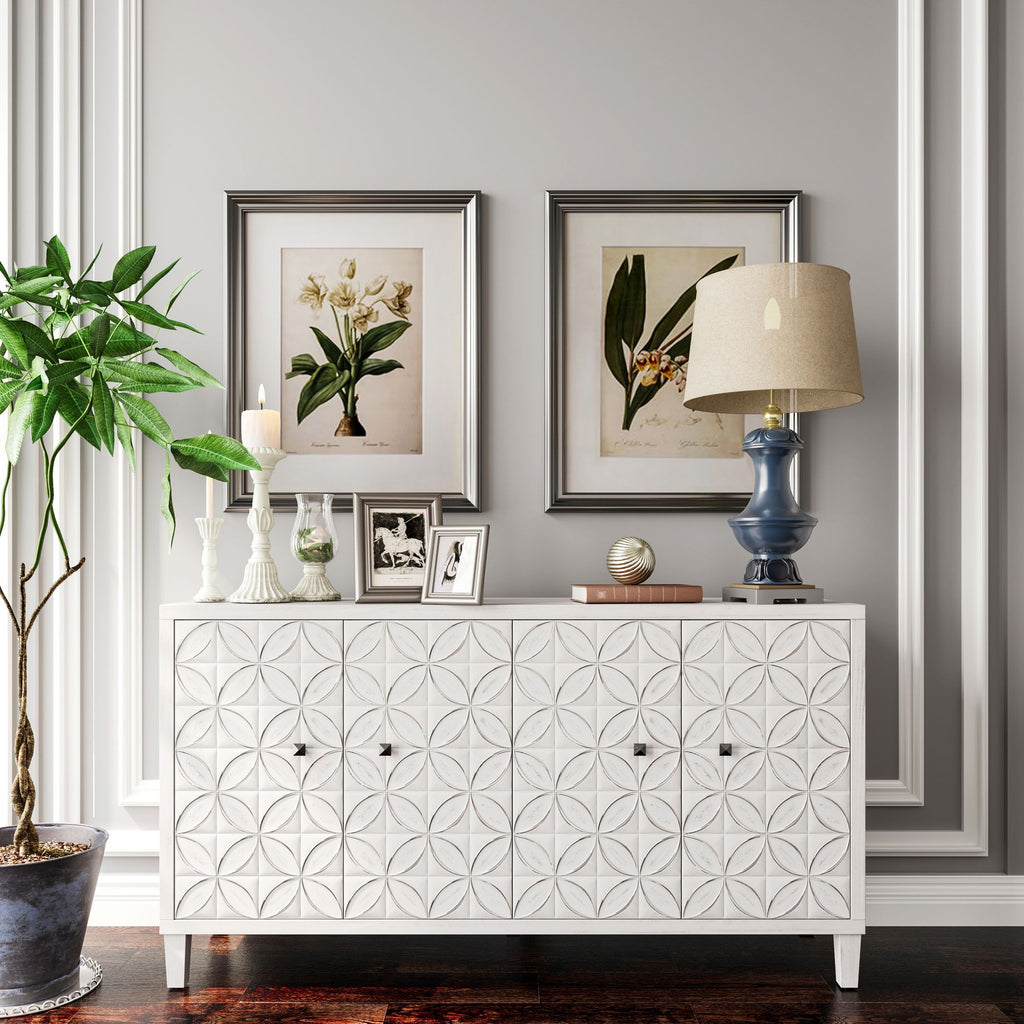 4-Door Wooden Accent Cabinet with Shabby Chic White Wash Finish