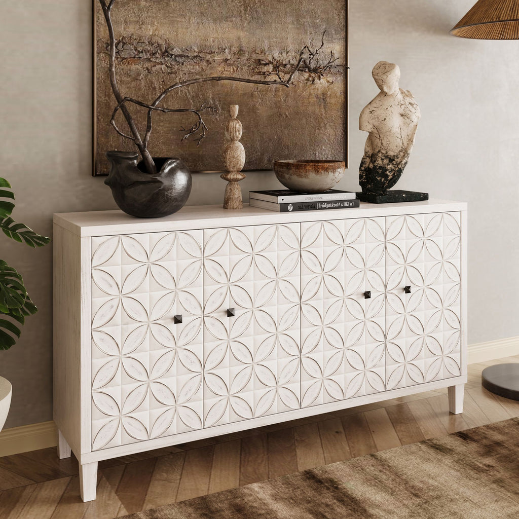 4-Door Wooden Accent Cabinet with Shabby Chic White Wash Finish