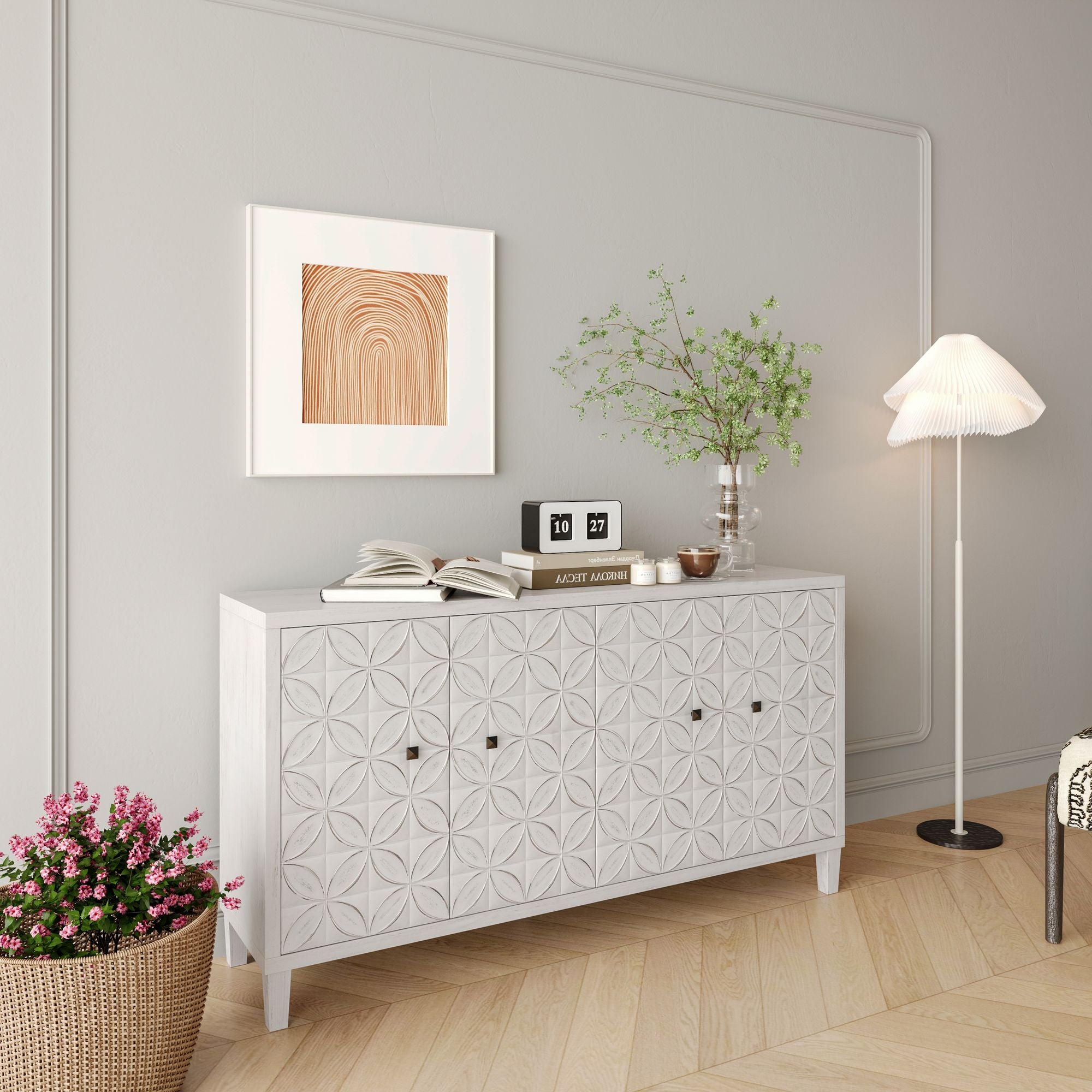 4-Door Wooden Accent Cabinet with Shabby Chic White Wash Finish