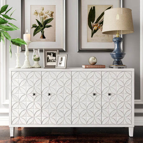 4-Door Wooden Accent Cabinet with Shabby Chic White Wash Finish