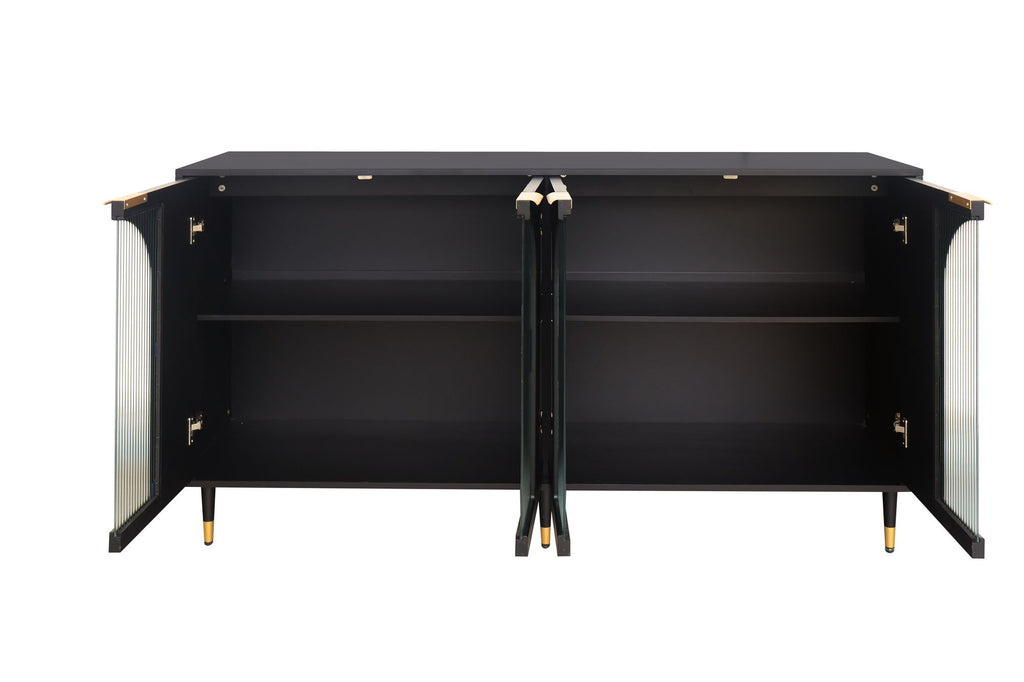 Minimalist Accent Cabinet with Tempered Fluted Glass Doors - Black Lacquered