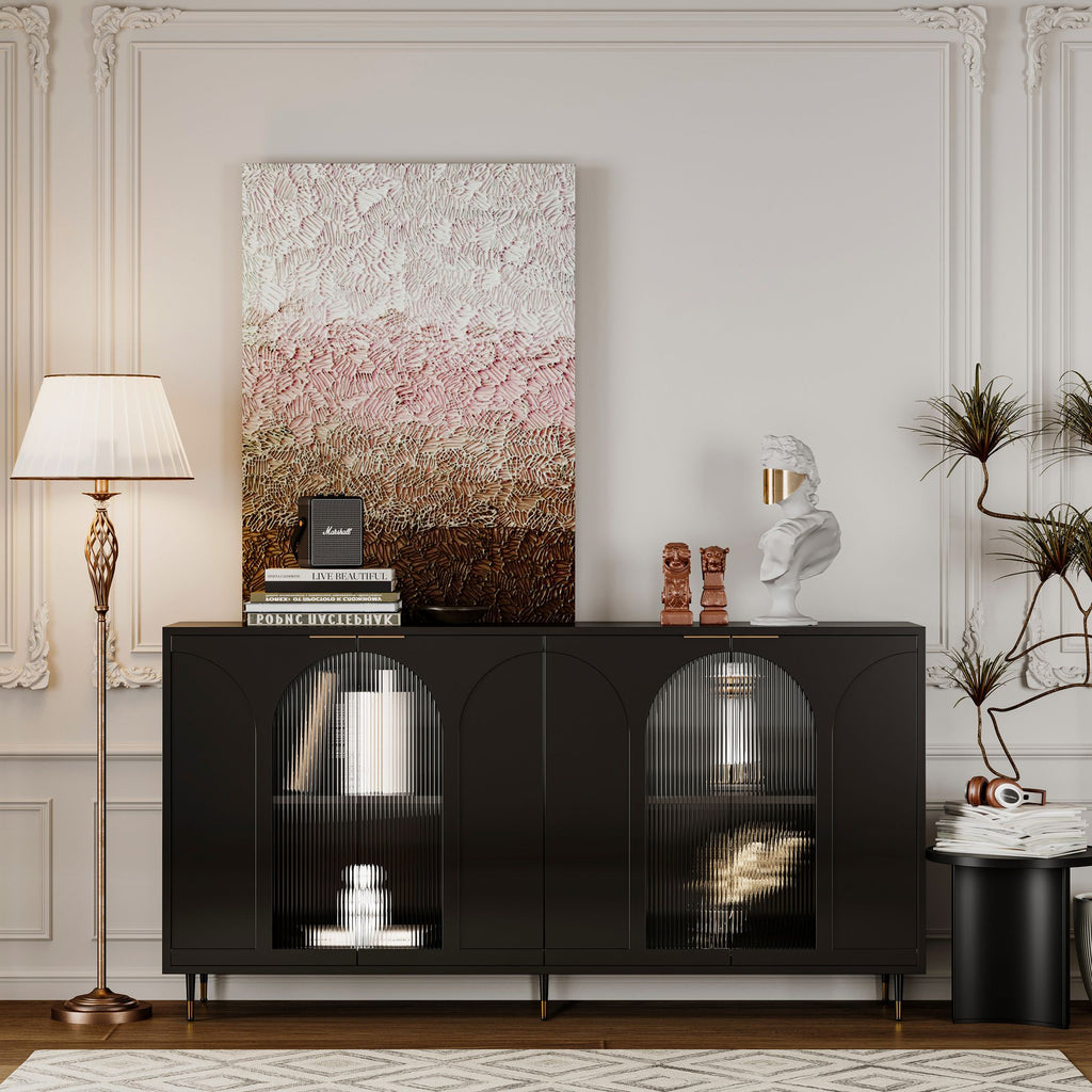 Minimalist Accent Cabinet with Tempered Fluted Glass Doors - Black Lacquered