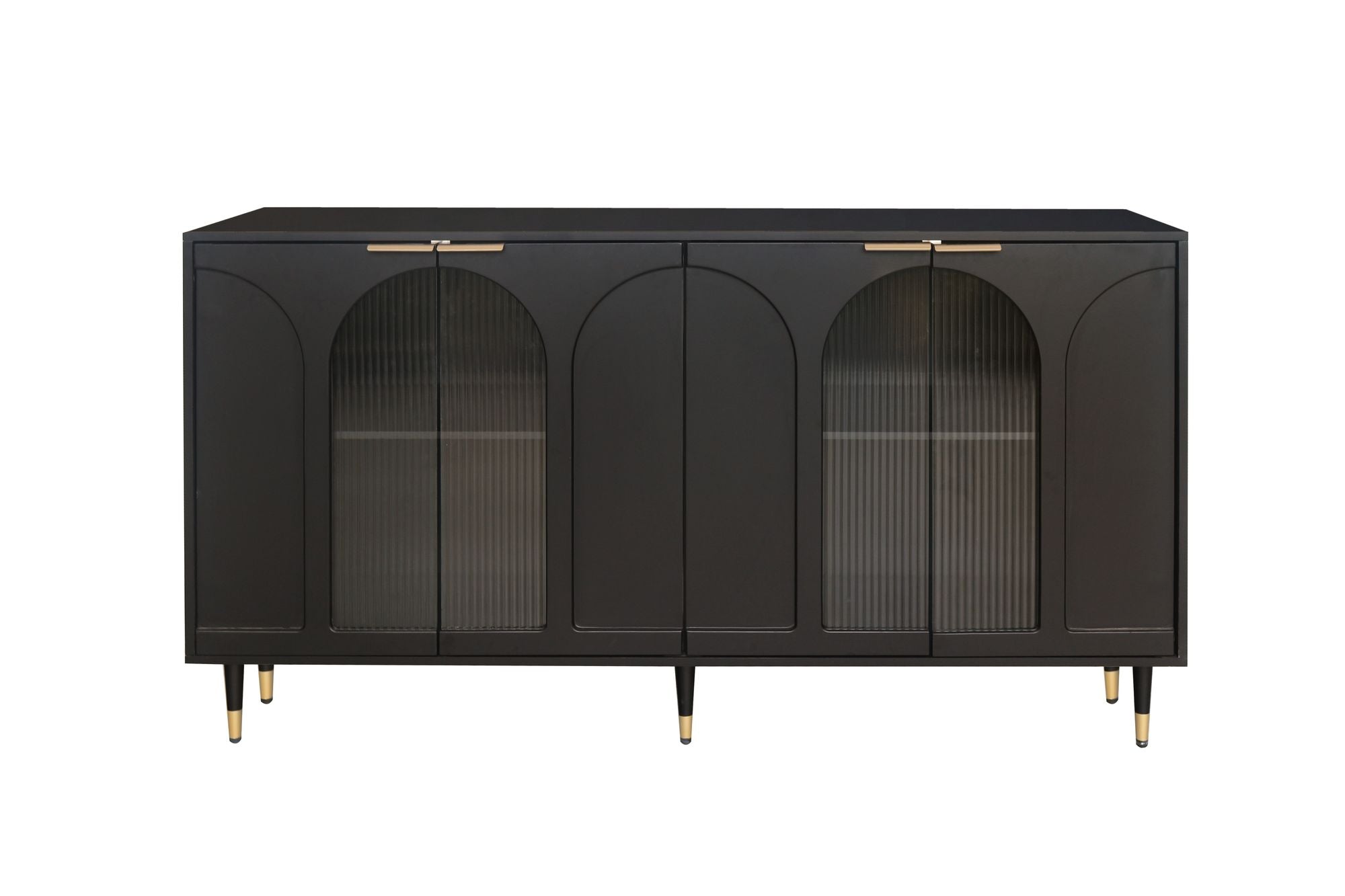 Minimalist Accent Cabinet with Tempered Fluted Glass Doors - Black Lacquered