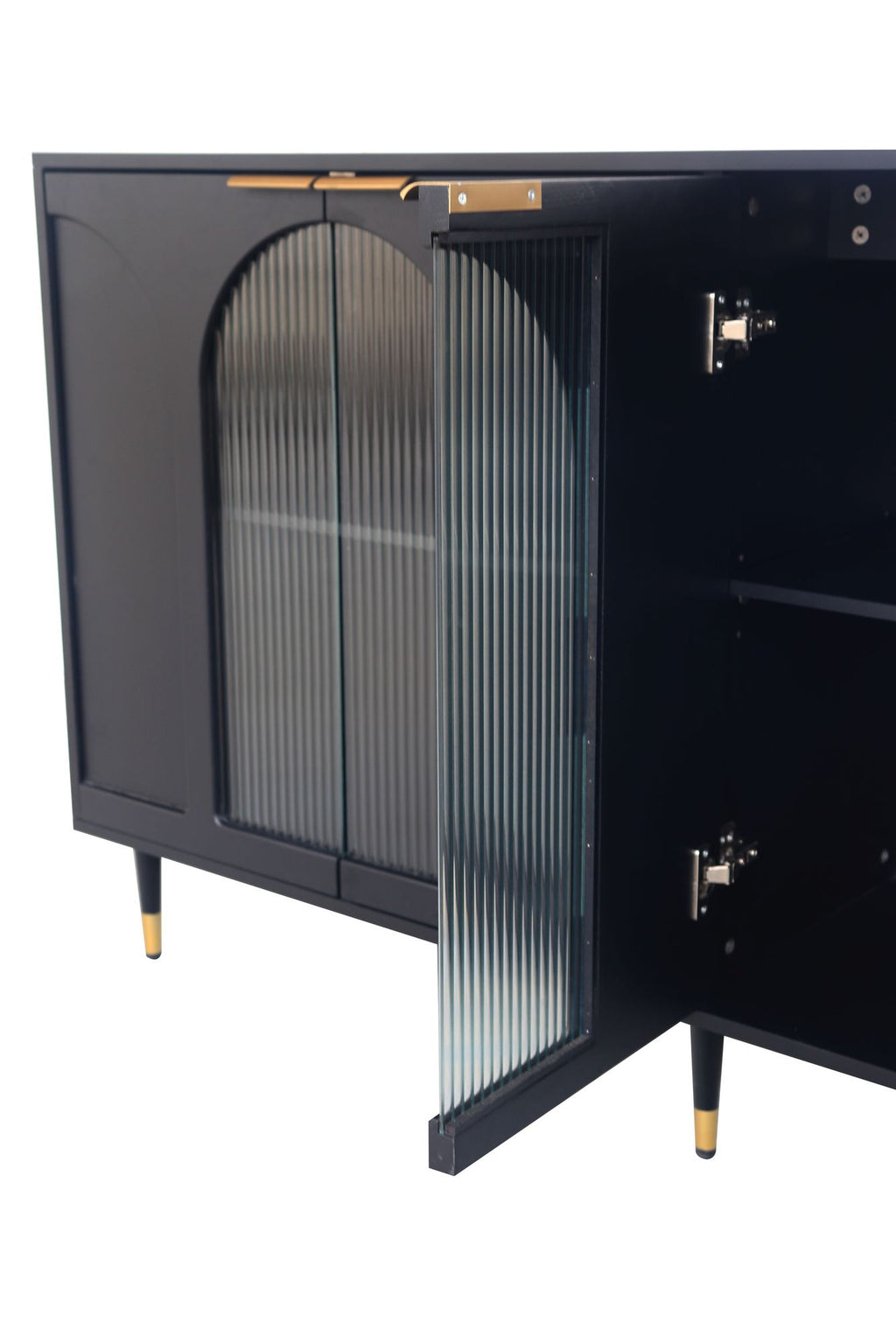 Minimalist Accent Cabinet with Tempered Fluted Glass Doors - Black Lacquered