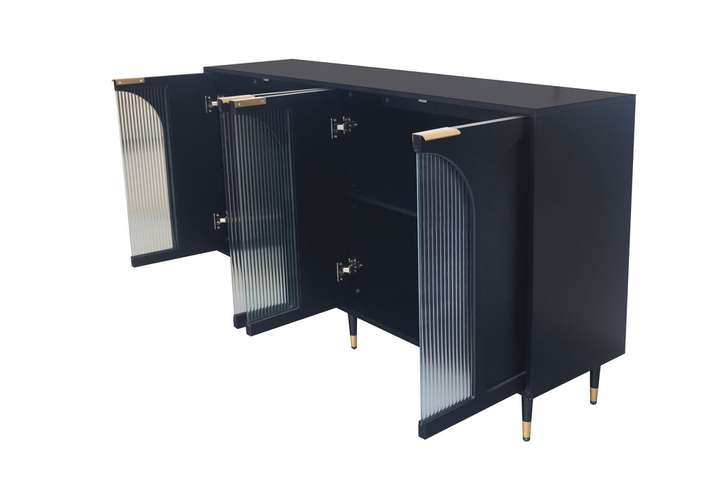 Minimalist Accent Cabinet with Tempered Fluted Glass Doors - Black Lacquered