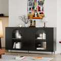 Minimalist Accent Cabinet with Tempered Fluted Glass Doors - Black Lacquered