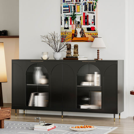 Minimalist Accent Cabinet with Tempered Fluted Glass Doors - Black Lacquered