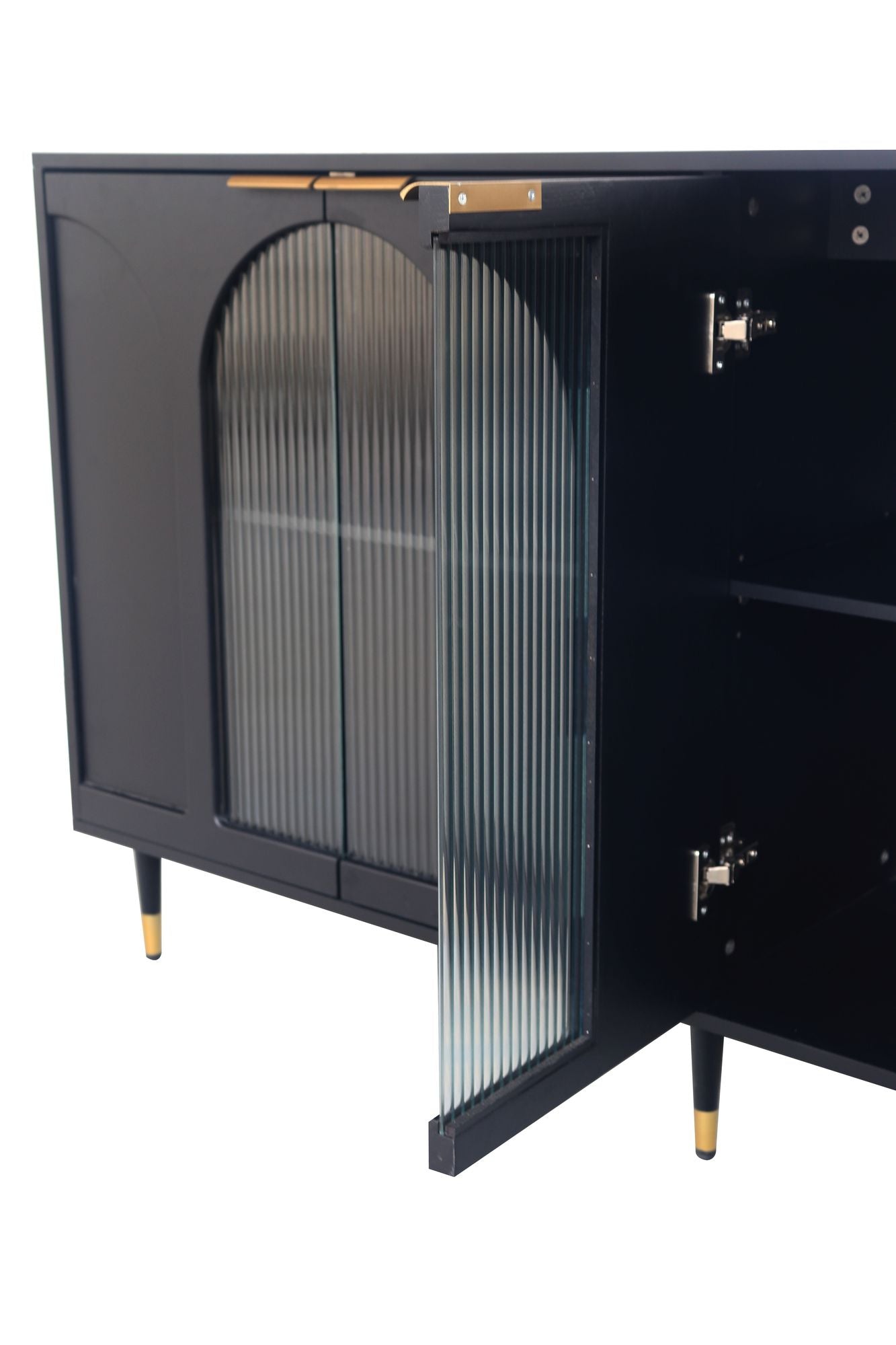 Minimalist Accent Cabinet with Tempered Fluted Glass Doors - Black Lacquered