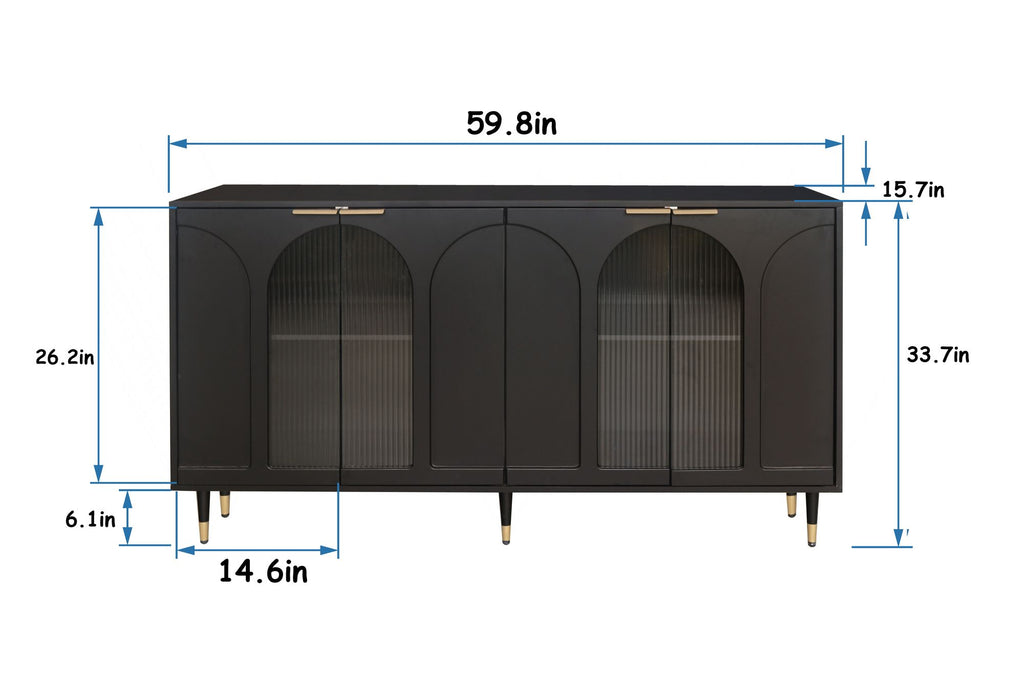 Minimalist Accent Cabinet with Tempered Fluted Glass Doors - Black Lacquered
