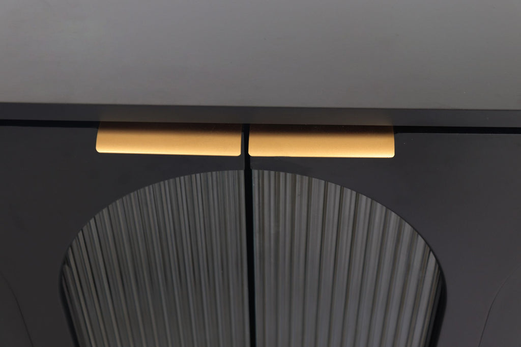 Minimalist Accent Cabinet with Tempered Fluted Glass Doors - Black Lacquered