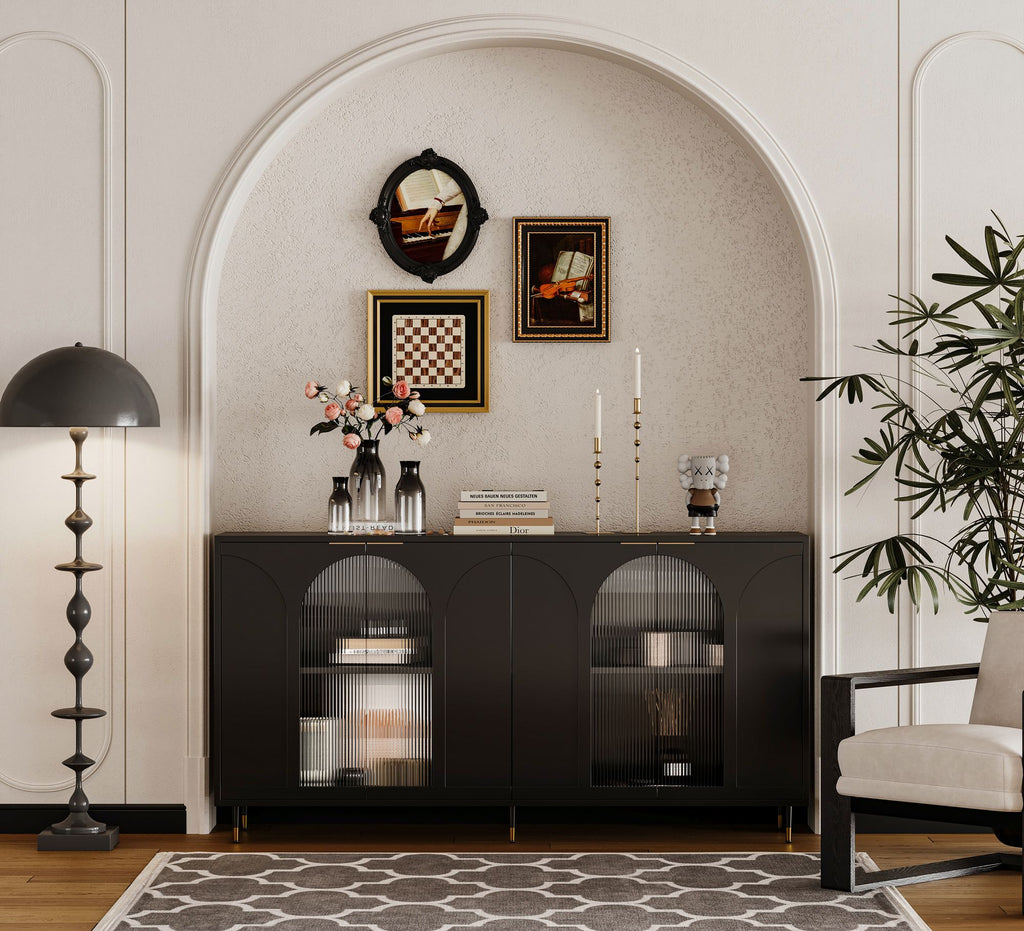 Minimalist Accent Cabinet with Tempered Fluted Glass Doors - Black Lacquered