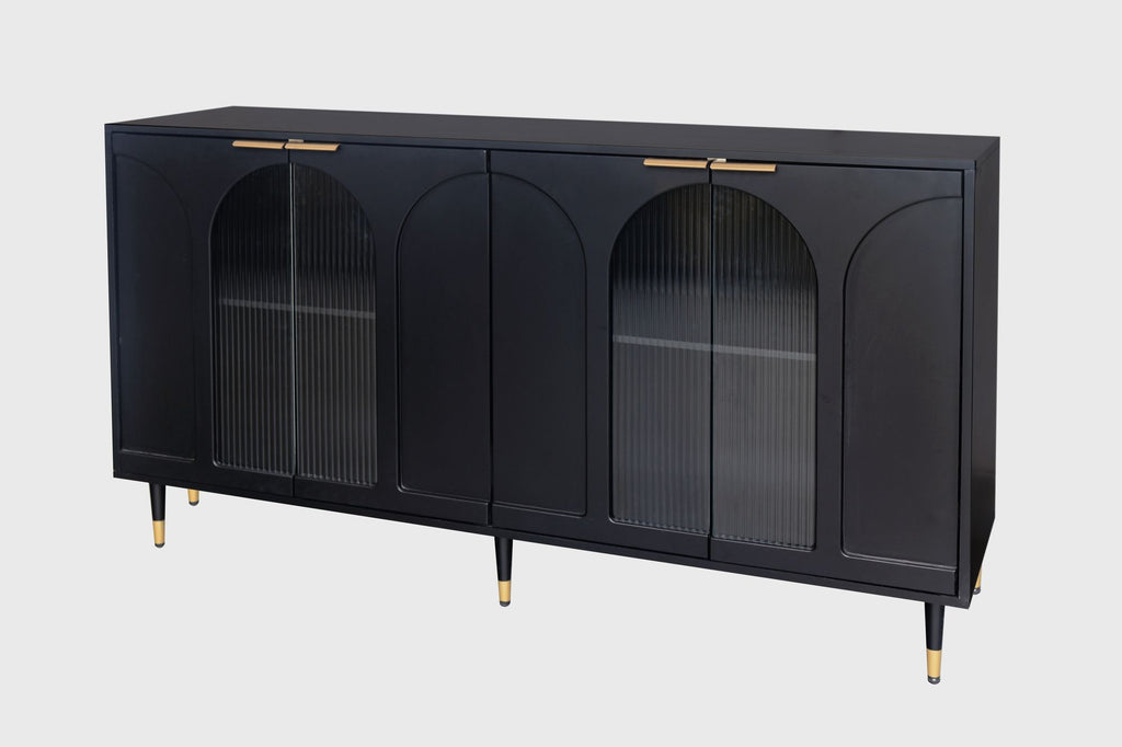 Minimalist Accent Cabinet with Tempered Fluted Glass Doors - Black Lacquered