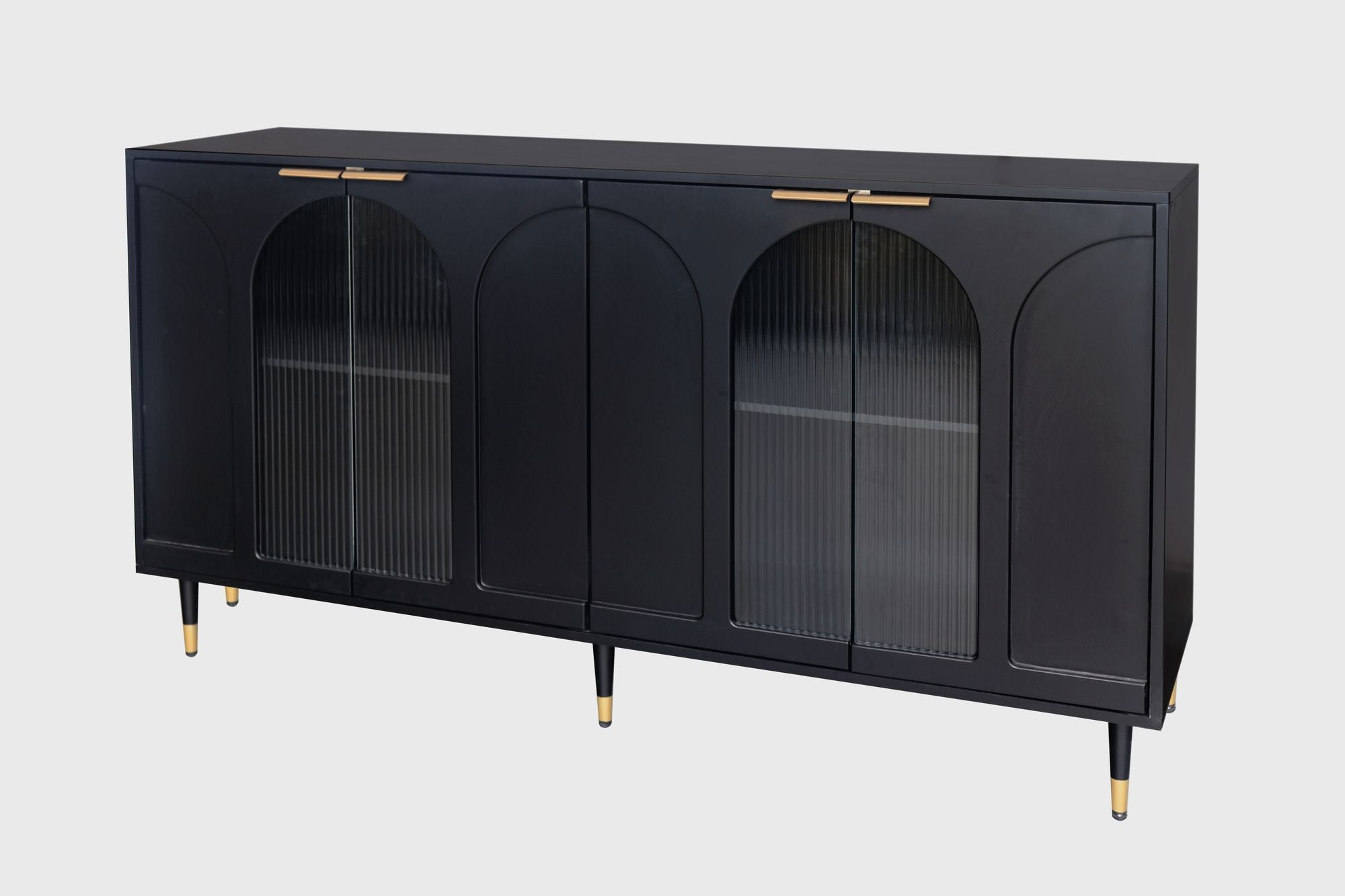 Minimalist Accent Cabinet with Tempered Fluted Glass Doors - Black Lacquered