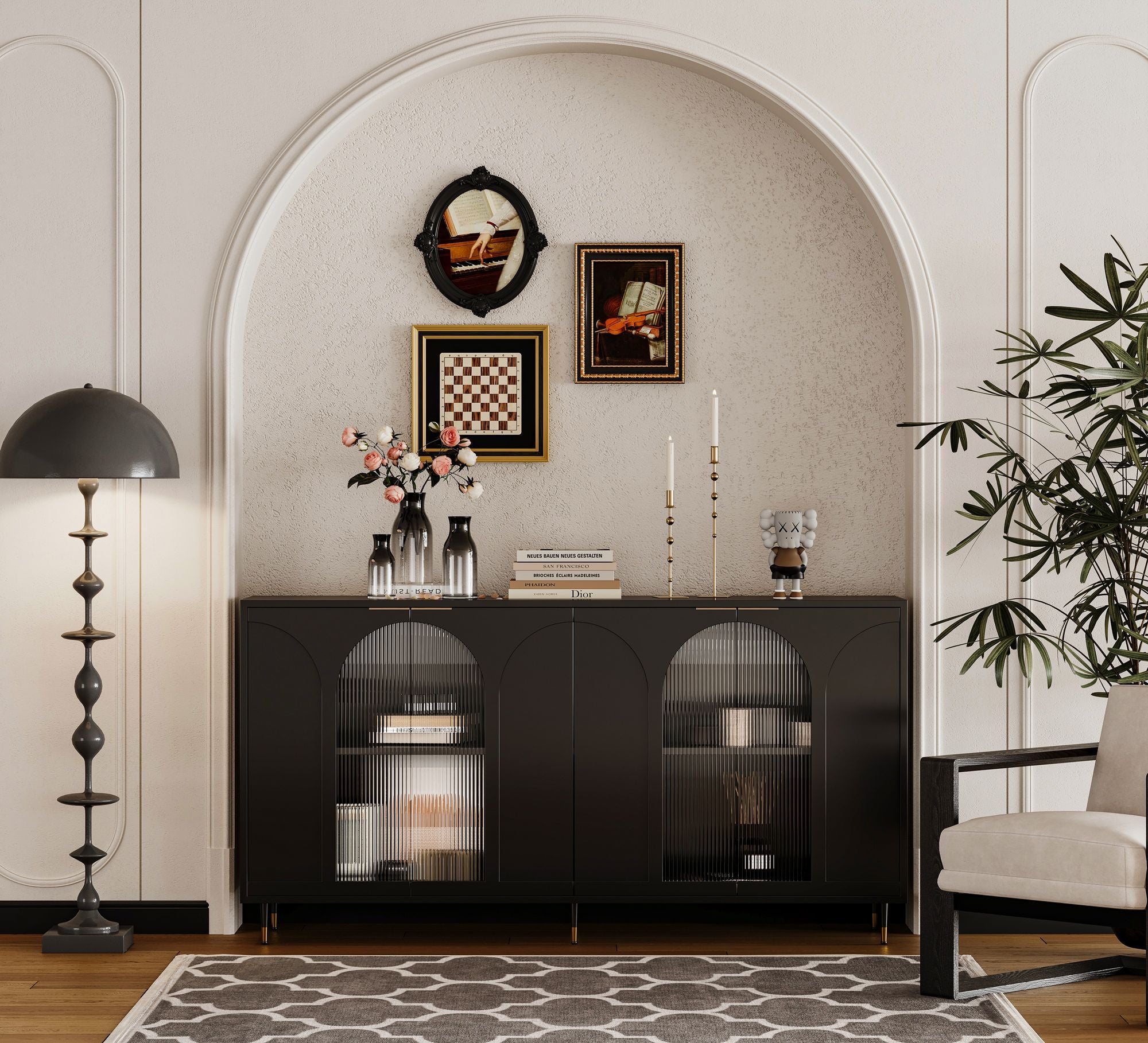 Minimalist Accent Cabinet with Tempered Fluted Glass Doors - Black Lacquered
