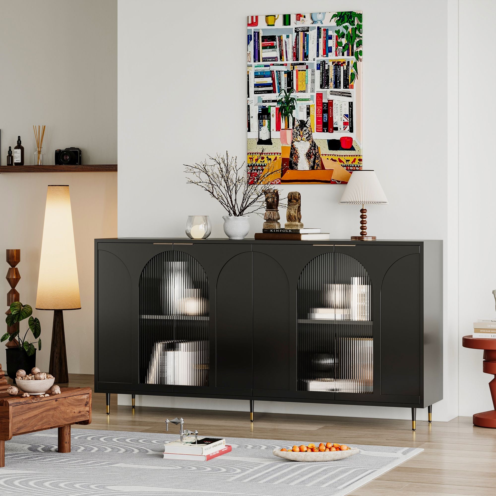 Minimalist Accent Cabinet with Tempered Fluted Glass Doors - Black Lacquered