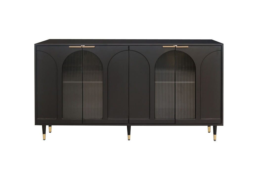 Minimalist Accent Cabinet with Tempered Fluted Glass Doors - Black Lacquered