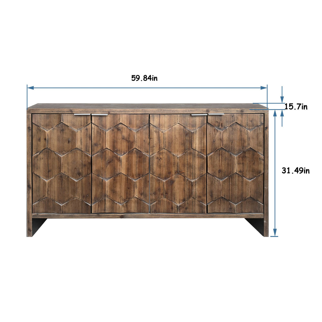 Farmhouse 4-Door Accent Cabinet with Hexagonal Pattern and Adjustable Shelves