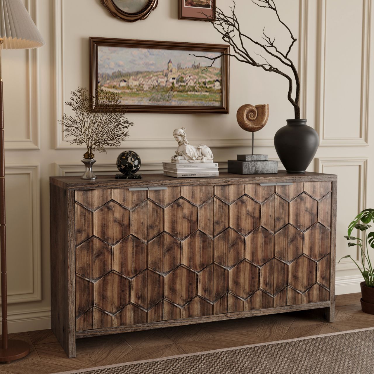 Farmhouse 4-Door Accent Cabinet with Hexagonal Pattern and Adjustable Shelves