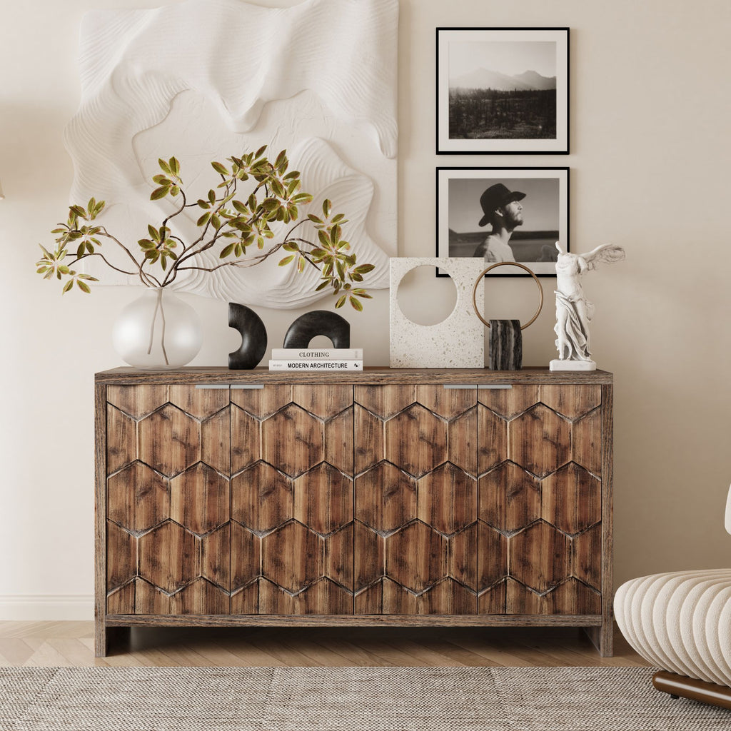 Farmhouse 4-Door Accent Cabinet with Hexagonal Pattern and Adjustable Shelves