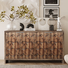 Farmhouse 4-Door Accent Cabinet with Hexagonal Pattern and Adjustable Shelves