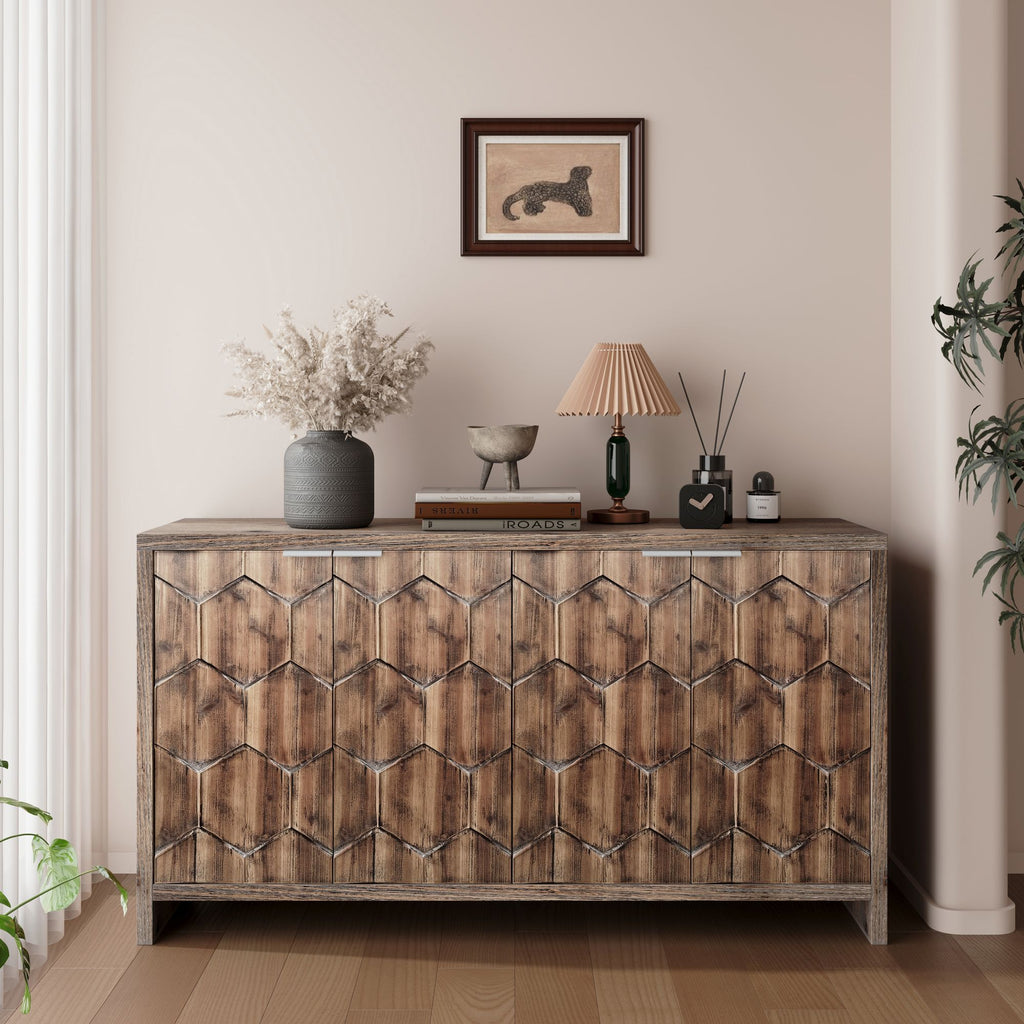 Farmhouse 4-Door Accent Cabinet with Hexagonal Pattern and Adjustable Shelves