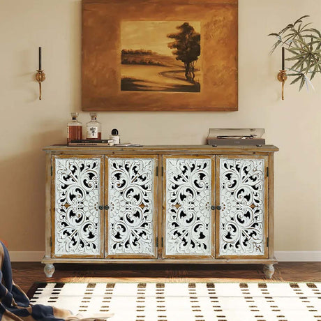 Farmhouse Accent Cabinet with Distressed Finish and Carved Doors