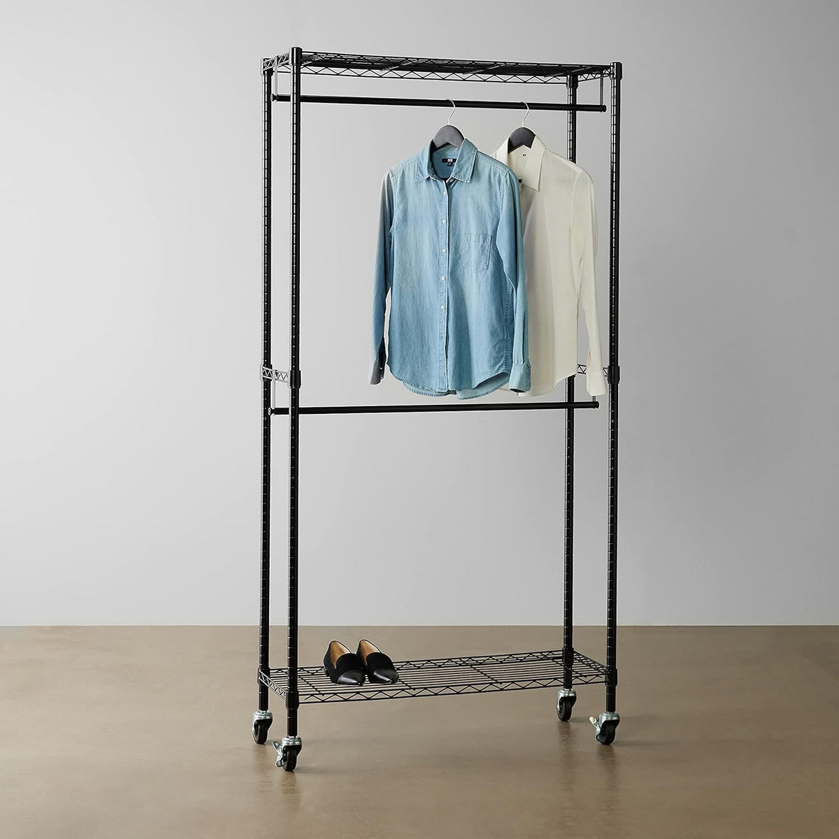 Black Double-Rod Rolling Garment Rack