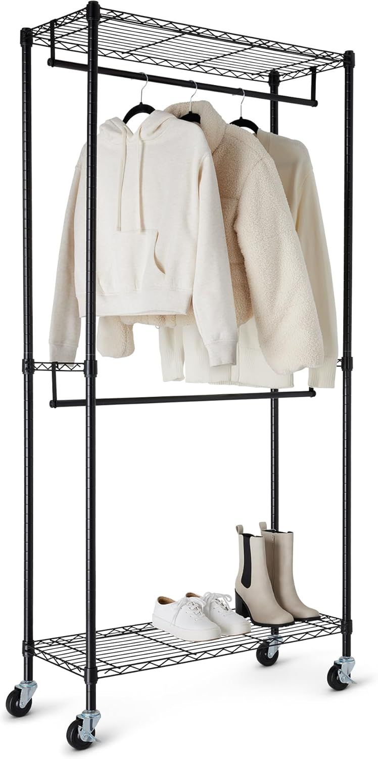 Black Double-Rod Rolling Garment Rack