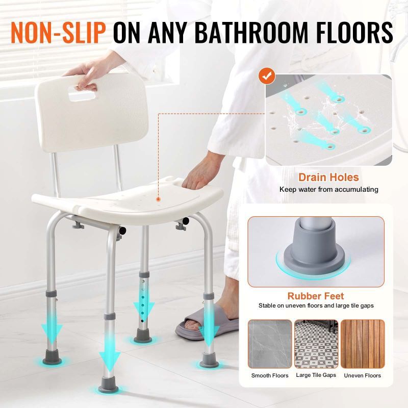 Adjustable Height Shower Bench Stool with Non-Slip Pads and Drainage Holes