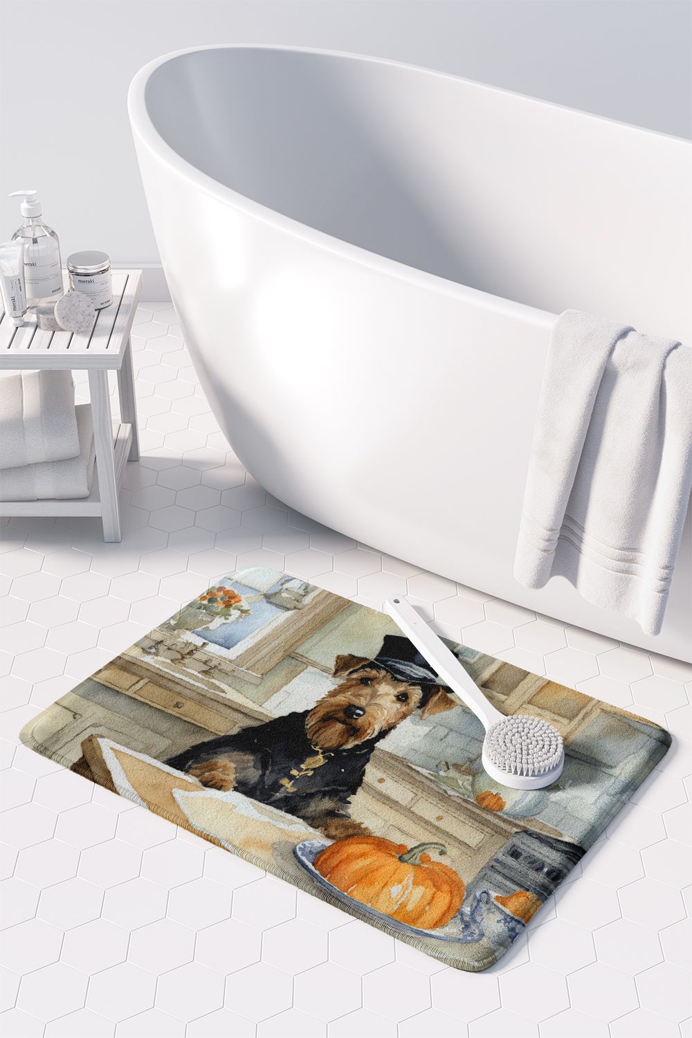 Airedale Terrier Fall Kitchen Pumpkins Memory Foam Kitchen Mat Machine Washable Anti-Fatigue Mat Cus