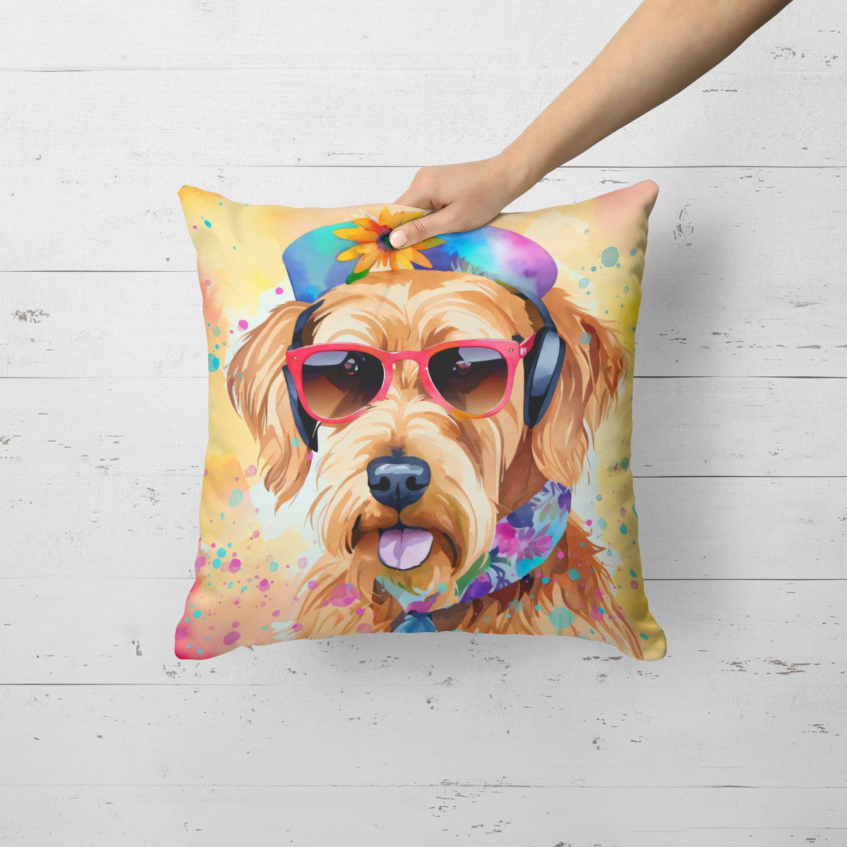 Airedale Terrier Hippie Dawg Throw Pillow Machine Washable, Indoor Outdoor Decorative