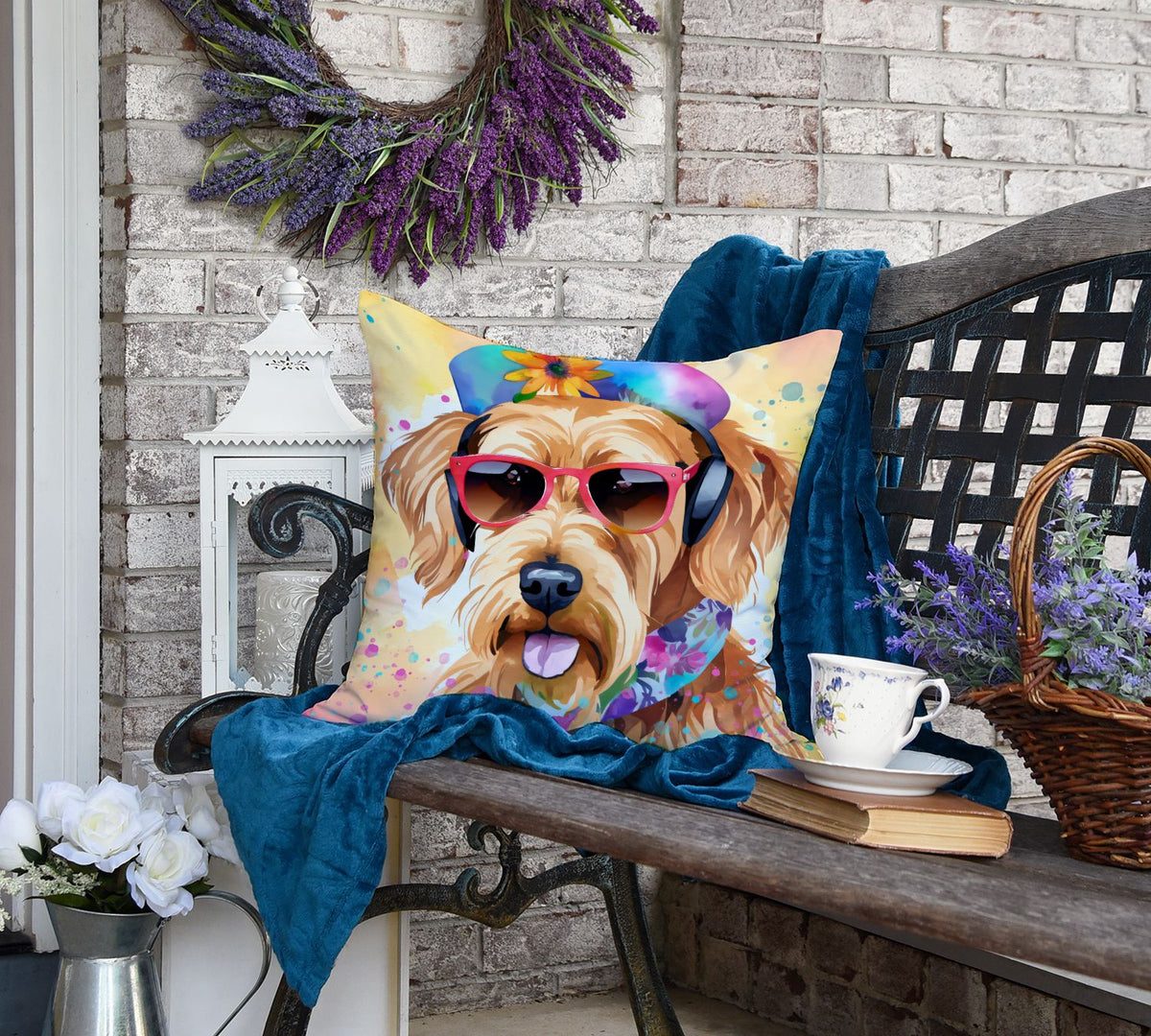 Airedale Terrier Hippie Dawg Throw Pillow Machine Washable, Indoor Outdoor Decorative
