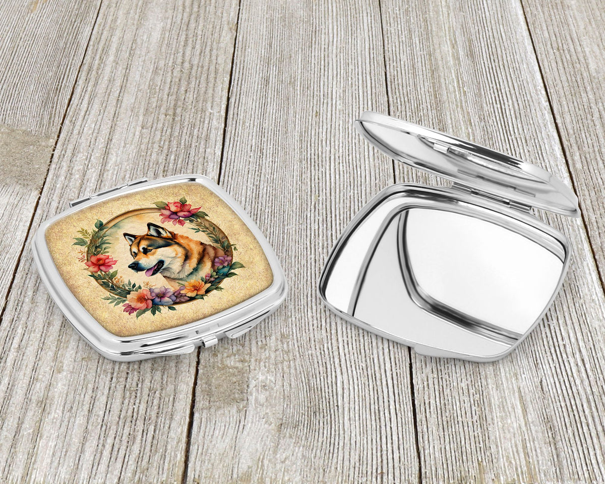 Akita and Flowers Folding Compact Mirror