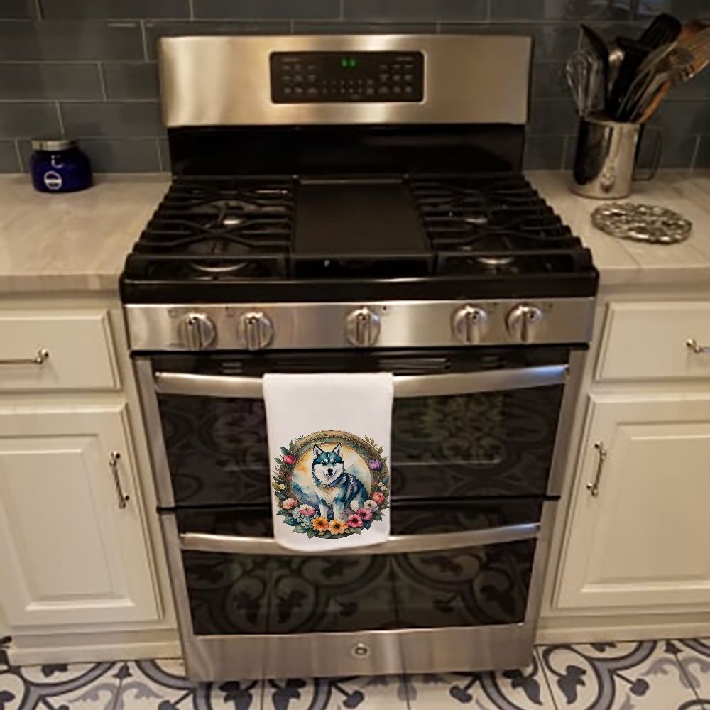 Decorative White Kitchen Towel Set - 100% Cotton, Floral Artwork