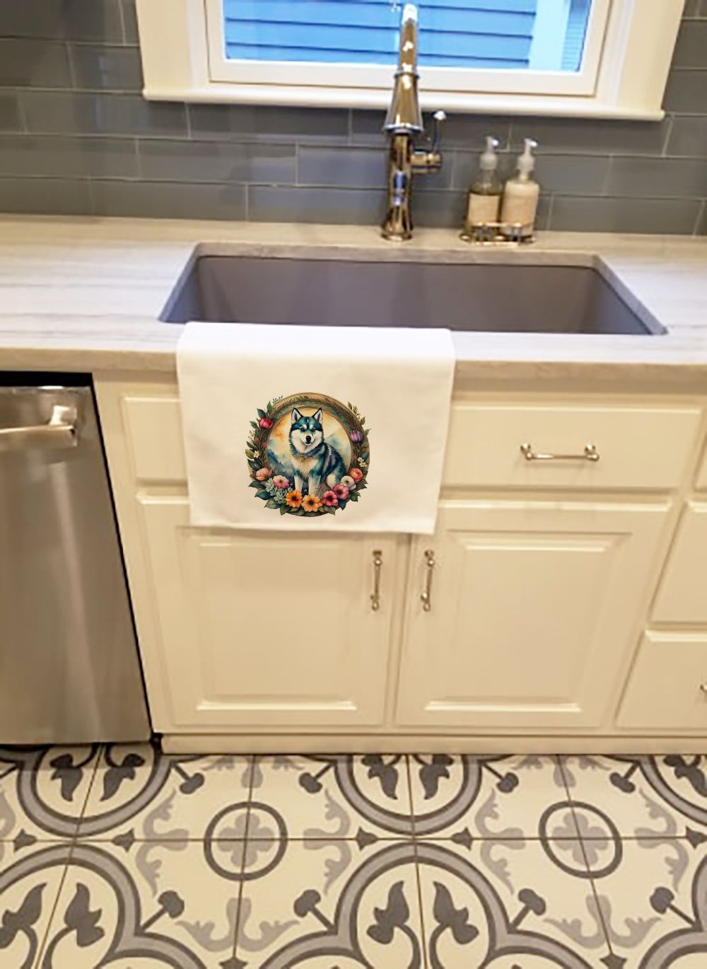 Decorative White Kitchen Towel Set - 100% Cotton, Floral Artwork