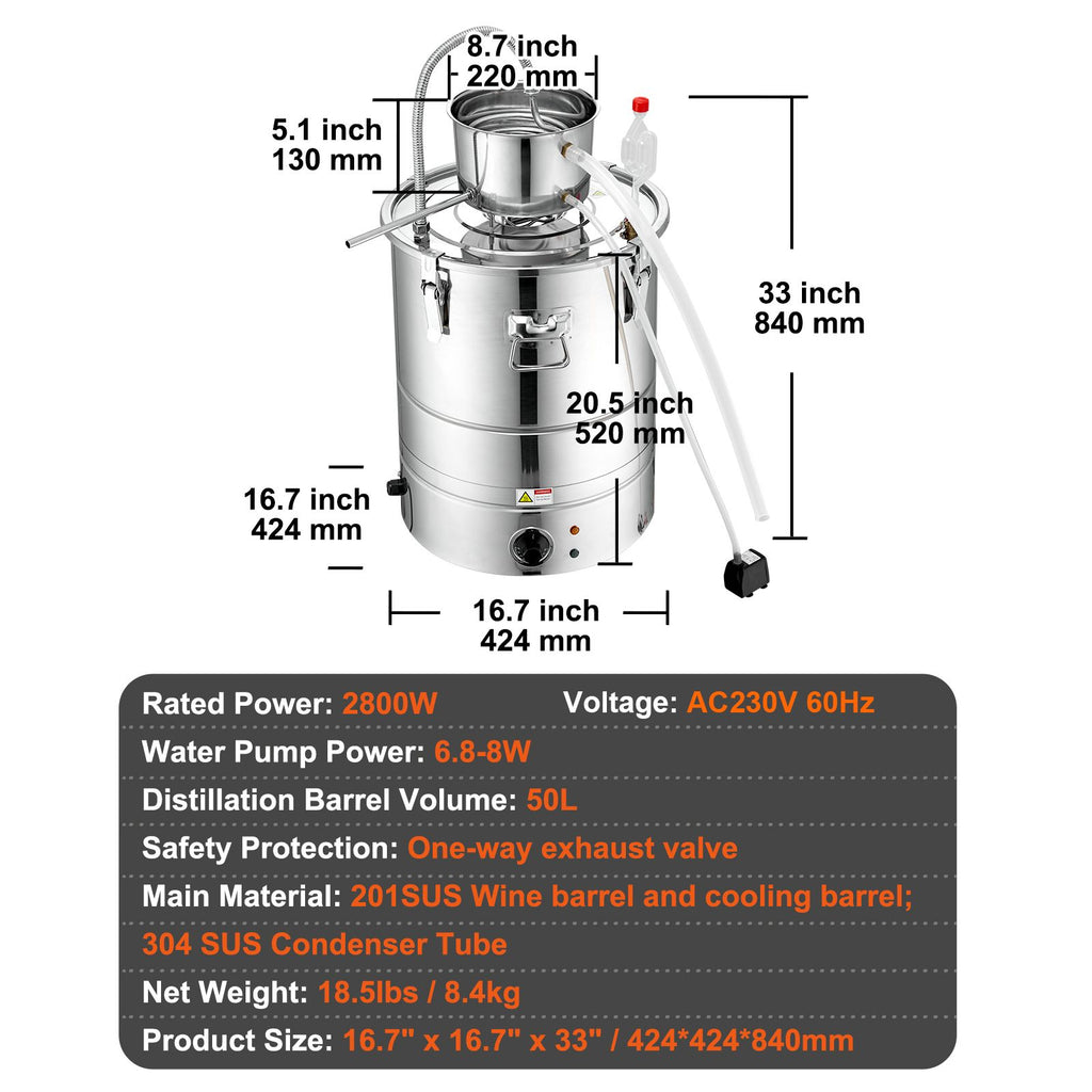 2800W Integrated Electric Alcohol Still – 15 Gal 50L Home Distillery Kit with Complete Accessories