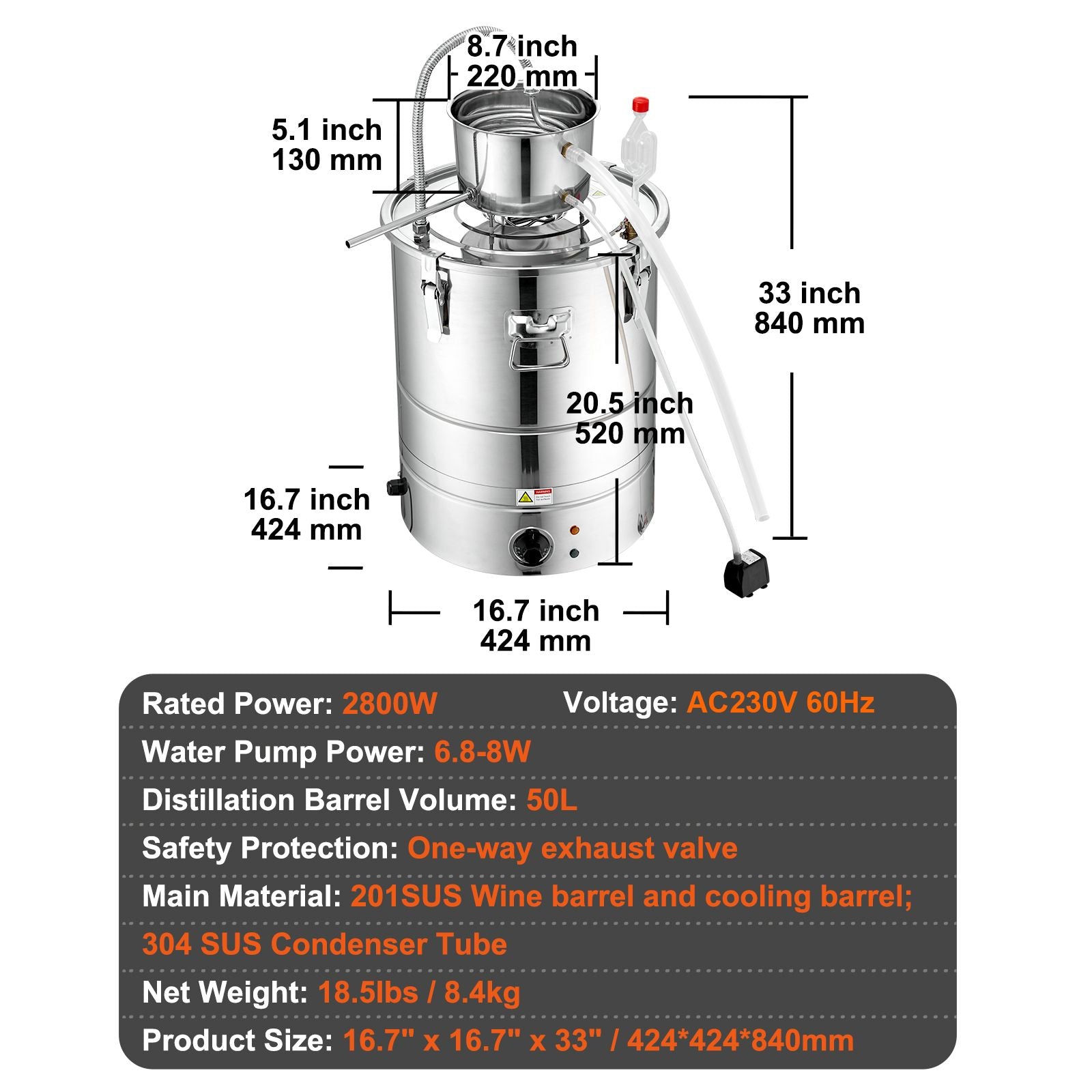 2800W Integrated Electric Alcohol Still – 15 Gal 50L Home Distillery Kit with Complete Accessories