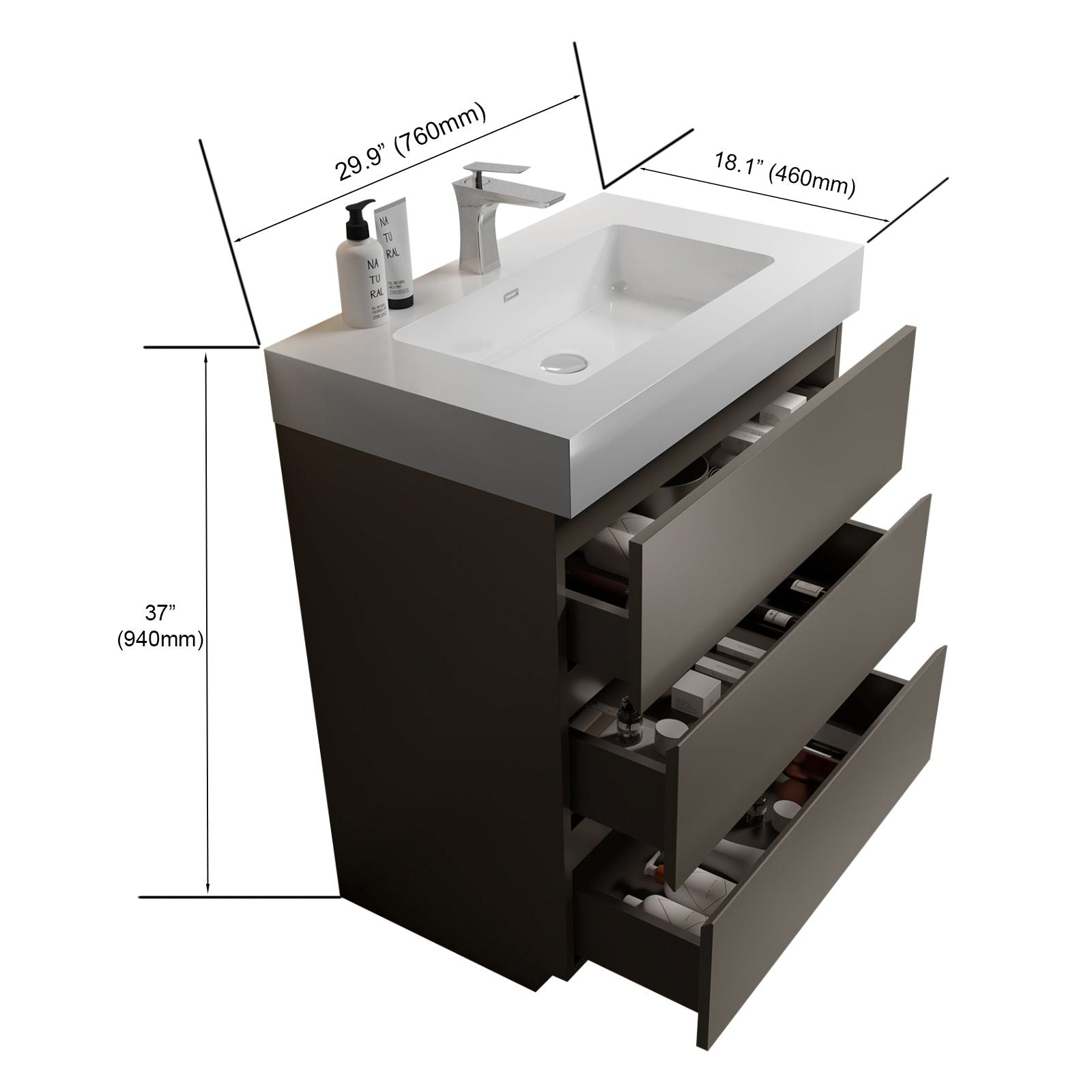 Alice 30- Gray Bathroom Vanity with Soft-Close Drawers and Sink