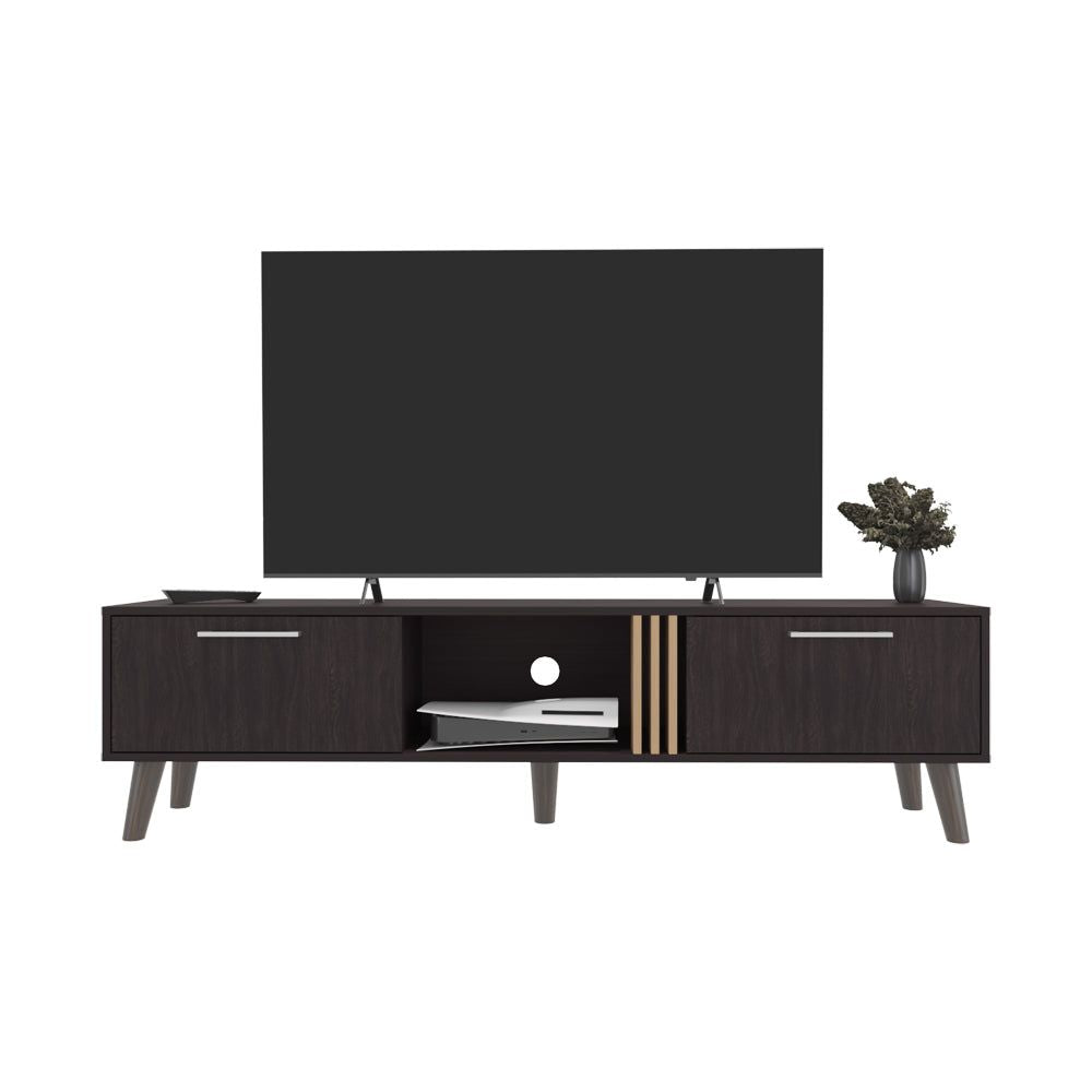 Modern TV Stand with Soft-Close Cabinets and Open Shelving