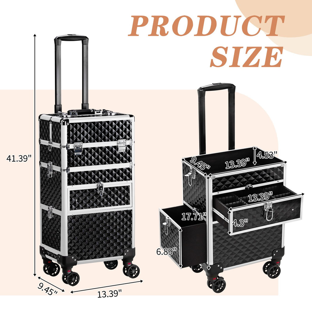 Aluminum Diamond Pattern Cosmetic Case 2-in-1 Sliding Suitcase with Rails Detachable Caster Wheel St