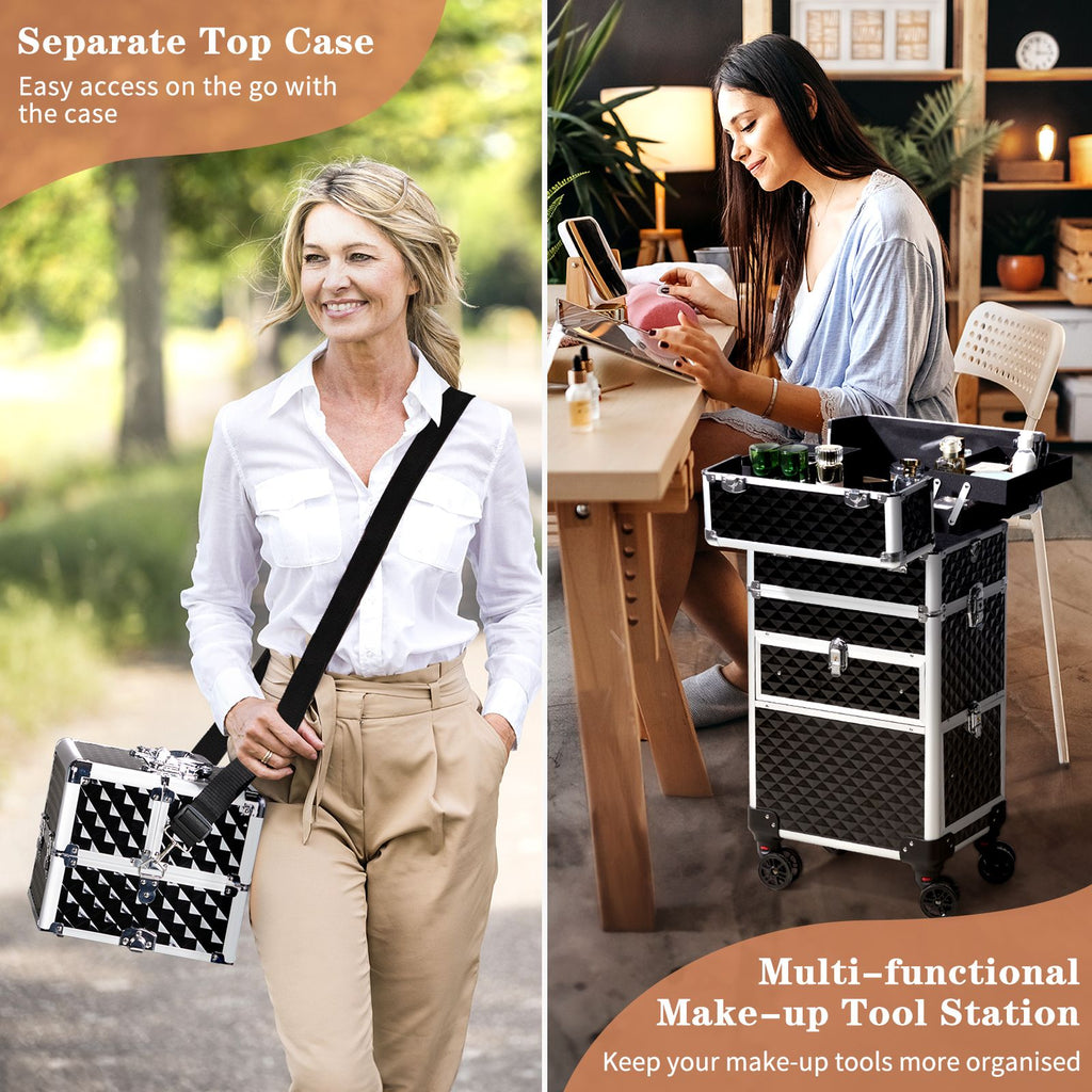 Aluminum Diamond Pattern Cosmetic Case 2-in-1 Sliding Suitcase with Rails Detachable Caster Wheel St