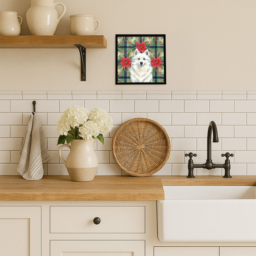 American Eskimo Christmas Poinsettias Framed Metal Print Wall Art,, Ready to Hang
