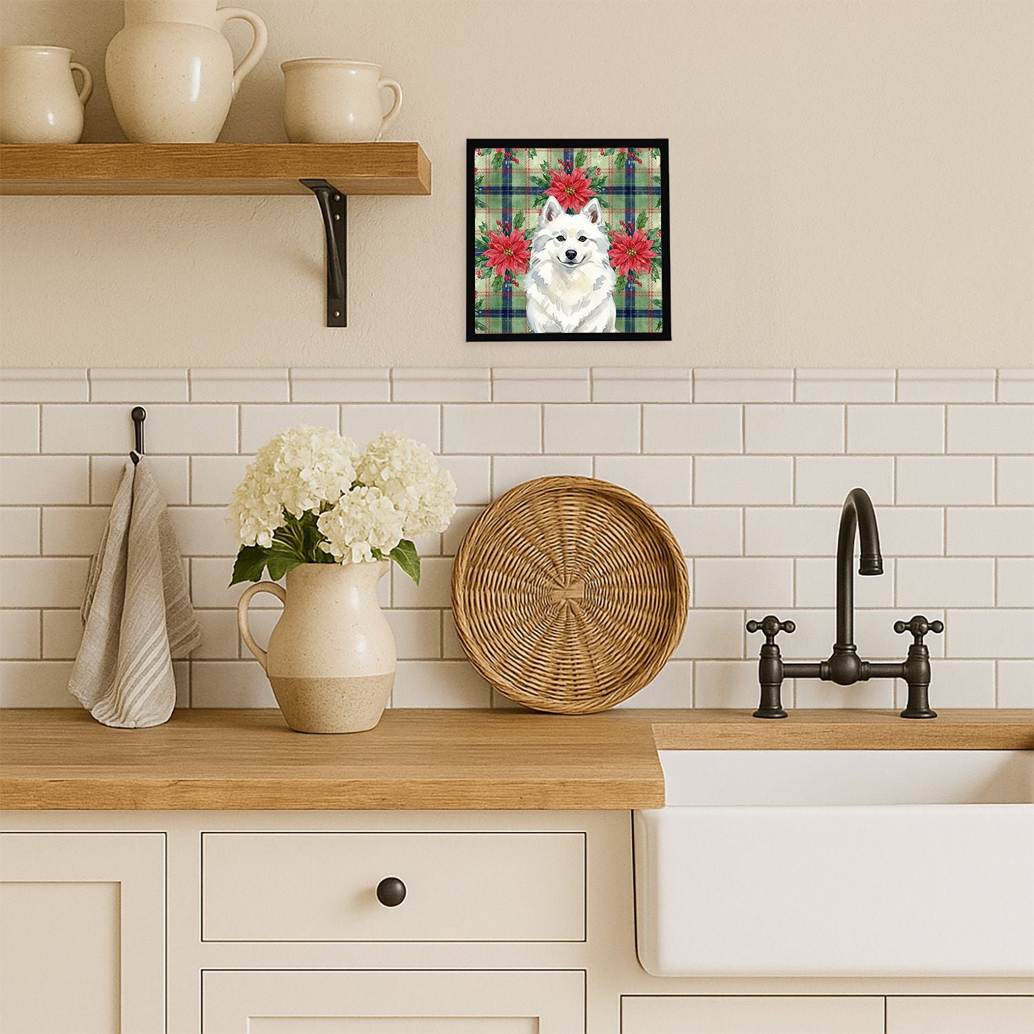 American Eskimo Christmas Poinsettias Framed Metal Print Wall Art,, Ready to Hang