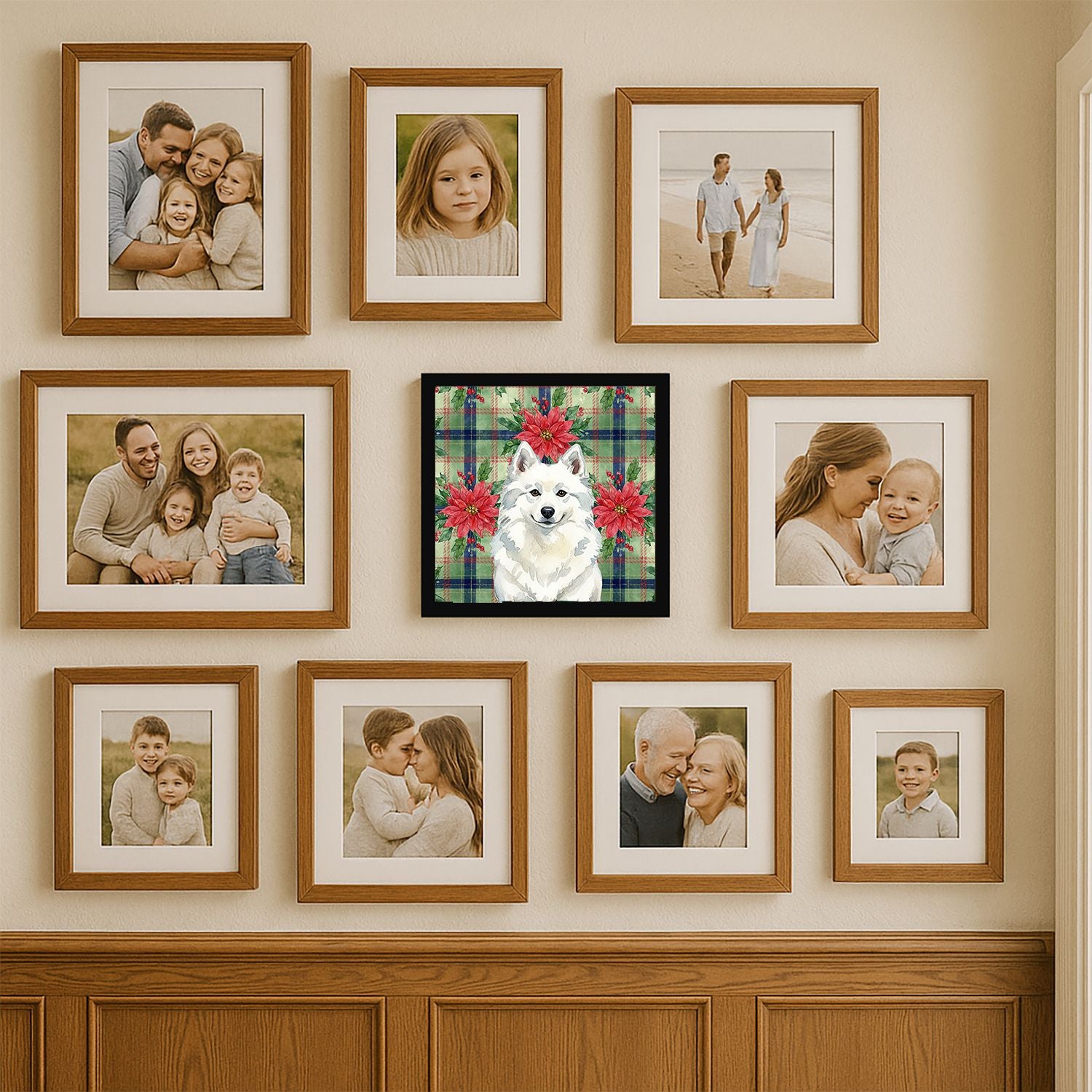 American Eskimo Christmas Poinsettias Framed Metal Print Wall Art,, Ready to Hang