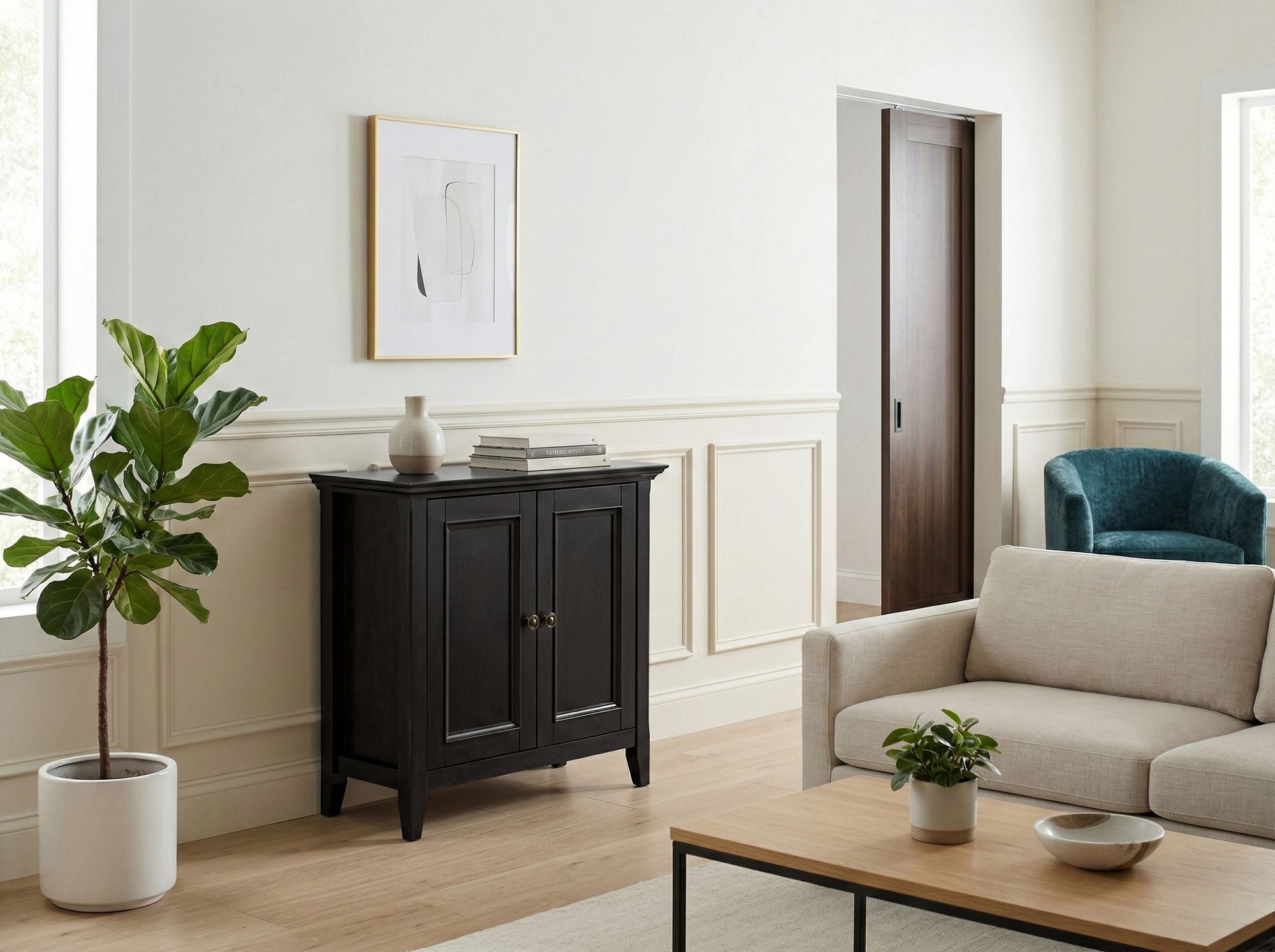 Amherst Low Storage Cabinet – Hickory Brown with Adjustable Shelves