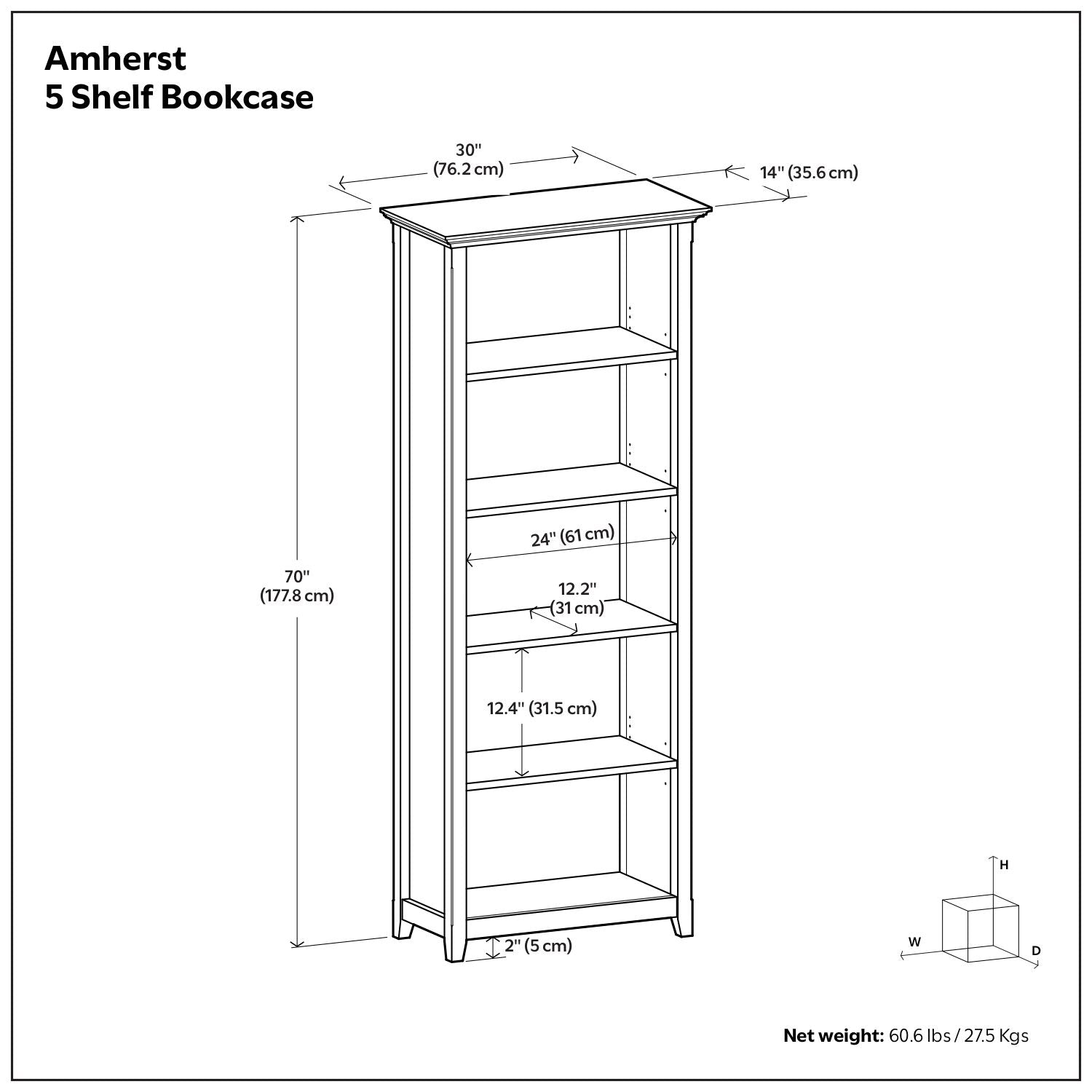 Amherst 30- 5-Shelf Bookcase with Adjustable Shelves