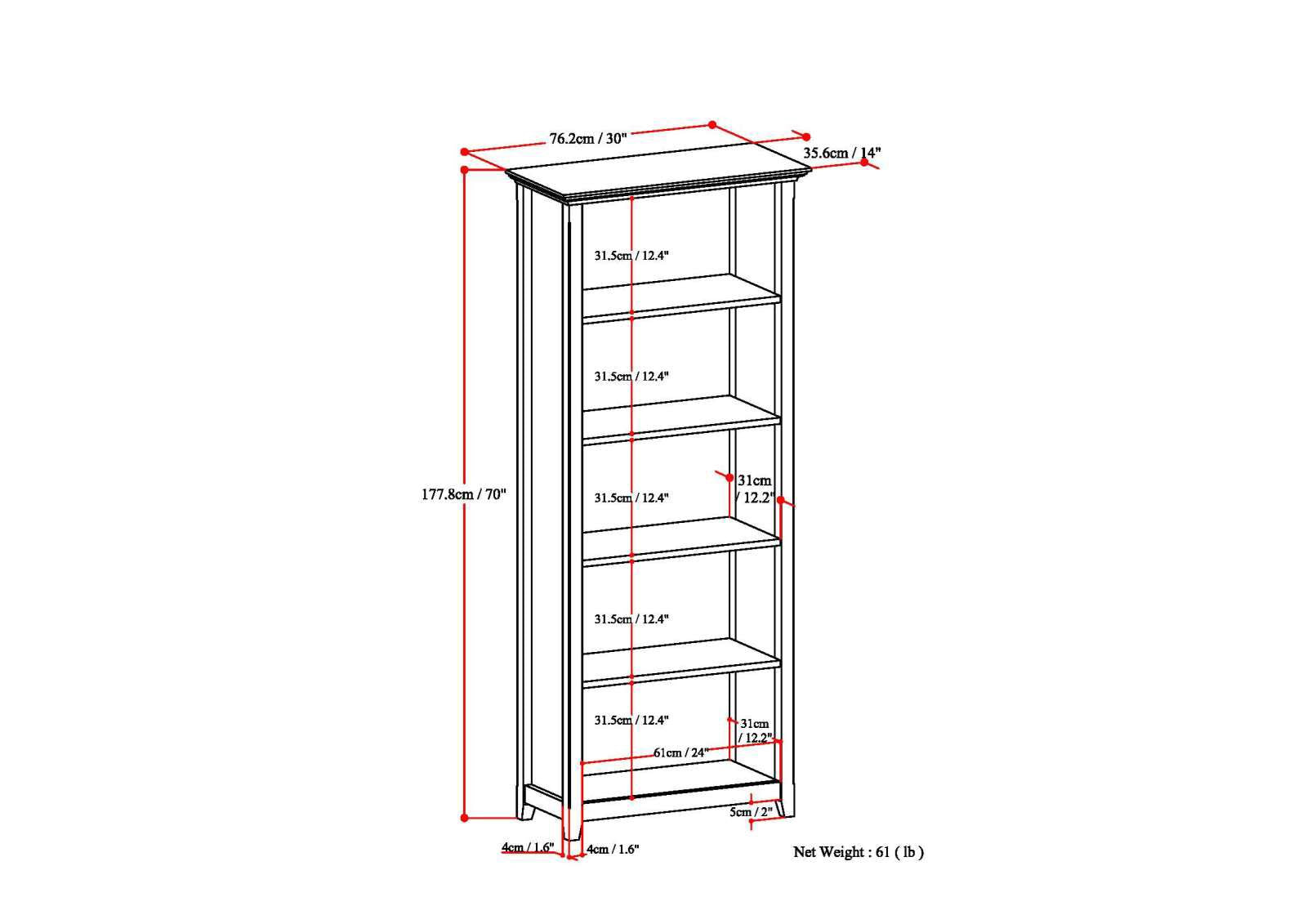 Transitional White Bookcase with Adjustable Shelves for Living Room or Office