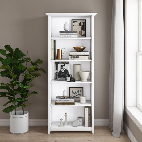 Transitional White Bookcase with Adjustable Shelves for Living Room or Office