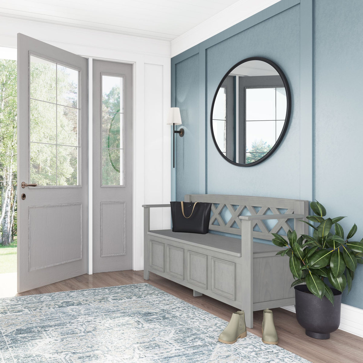 Amherst Solid Wood Entryway Storage Bench in Fog Grey